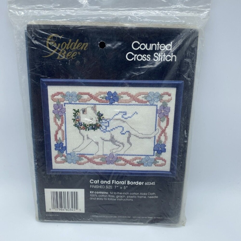 Golden Bee Counted Cross Stitch Kit Cat Floral Border 60345 Embroidery 7x5 NOS